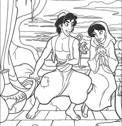Aladdin e Jasmine appena fuggiti disegni da colorare gratis
