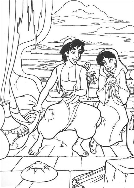 Aladdin e Jasmine appena fuggiti disegni da colorare gratis
