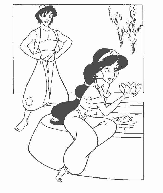Aladdin e Jasmine nel giardino disegni da colorare gratis