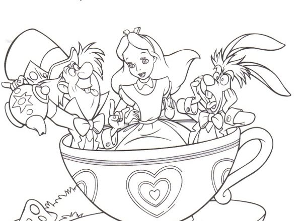 Alice e il cappellaio matto nella tazza disegno da colrare gratis
