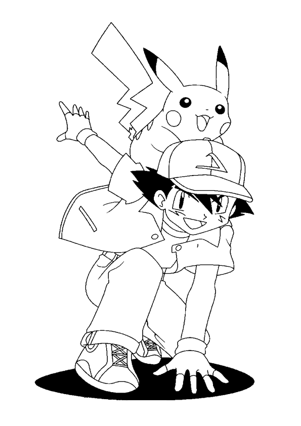 Ash e Pikachu in posizione d’ attacco da colorare
