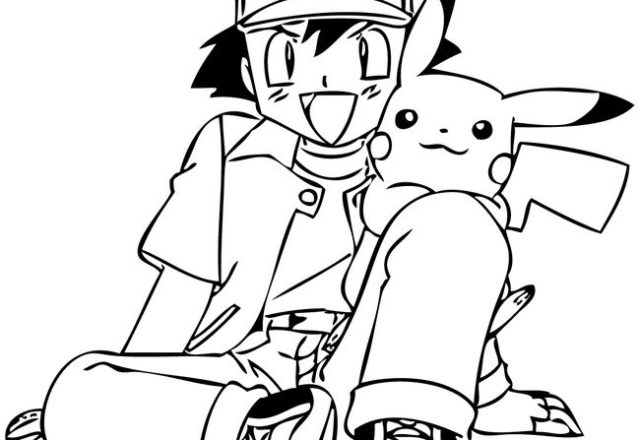 Ash e Pikachu seduti da colorare