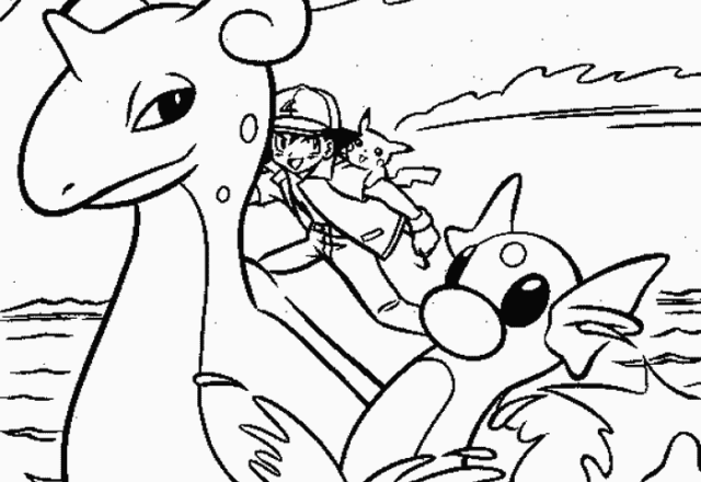 Ash surfa sull’ acqua su due Pokemon disegno