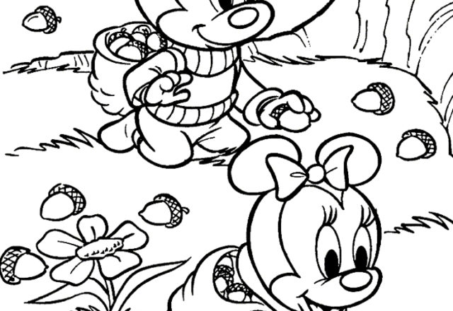 Baby Minnie e Topolino che raccolgono le ghiande disegni da colorare gratis