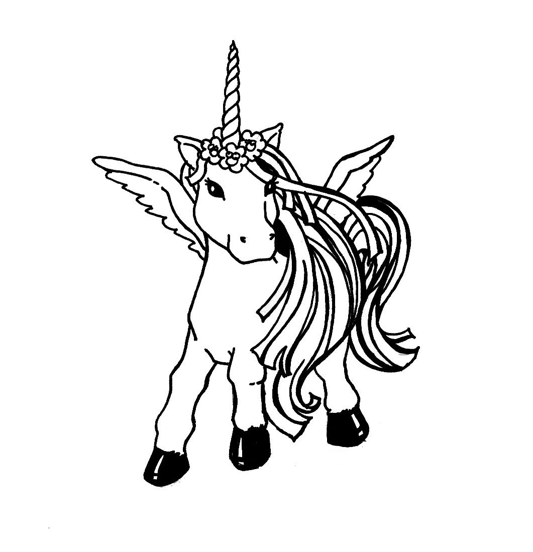Baby unicorno con corona di fiori da colorare gratis