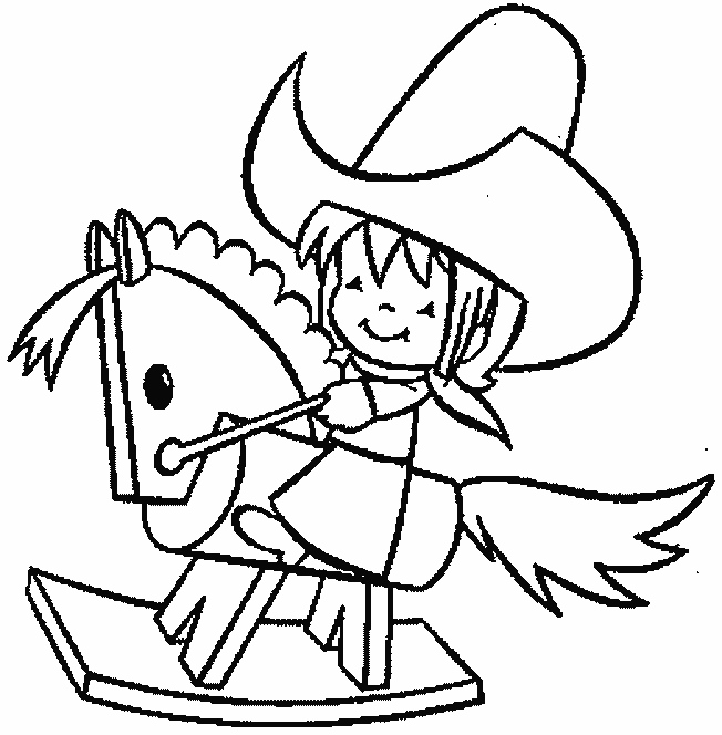 Bambina cowboy sul cavallo di legno da colorare