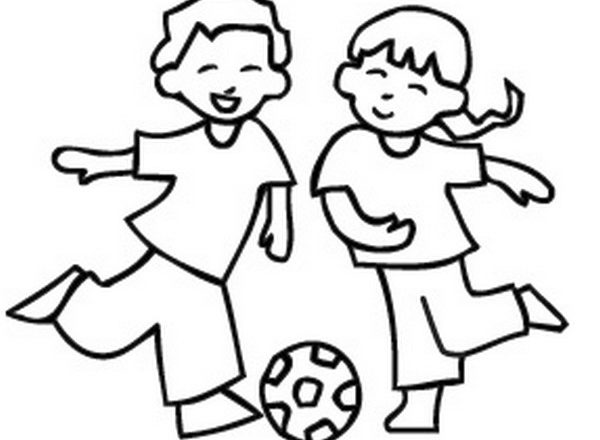 Bambino e bambina che giocano a calcio da stampare e da colorare