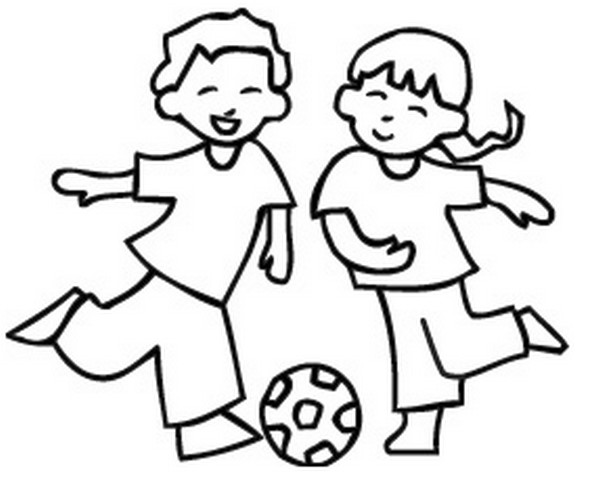 Bambino e bambina che giocano a calcio da stampare e da colorare