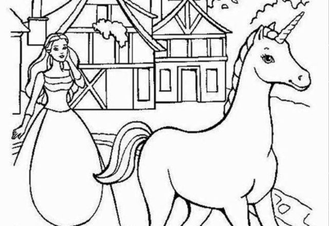 Barbie and unicorn colouring pages