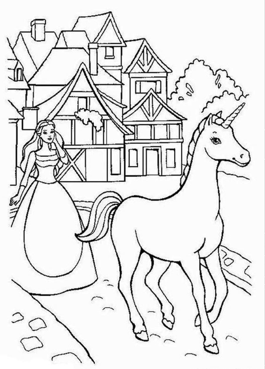 Barbie and unicorn colouring pages