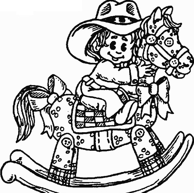 Bimbo cowboy sul cavallo di legno da colorare