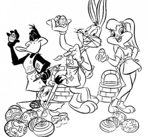Bugs Bunny Daffy Duck e Lola Bunny che dipingono le uova di Pasqua da colorare
