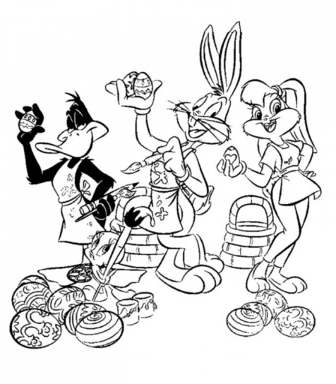 Bugs Bunny Daffy Duck e Lola Bunny che dipingono le uova di Pasqua da colorare