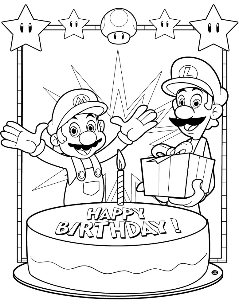 Buon Compleanno con Super Mario Bros e Luigi da colorare