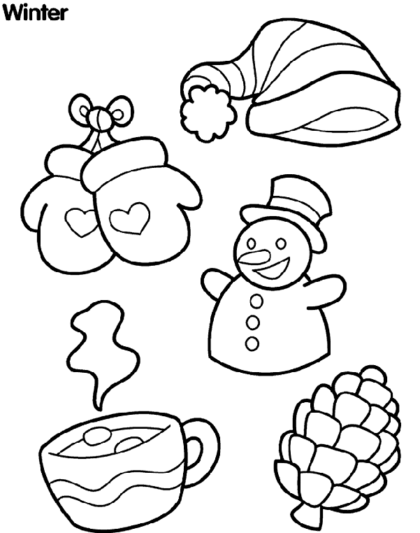 Cappello guanti cioccolata calda e pupazzo di neve disegni da colorare inverno