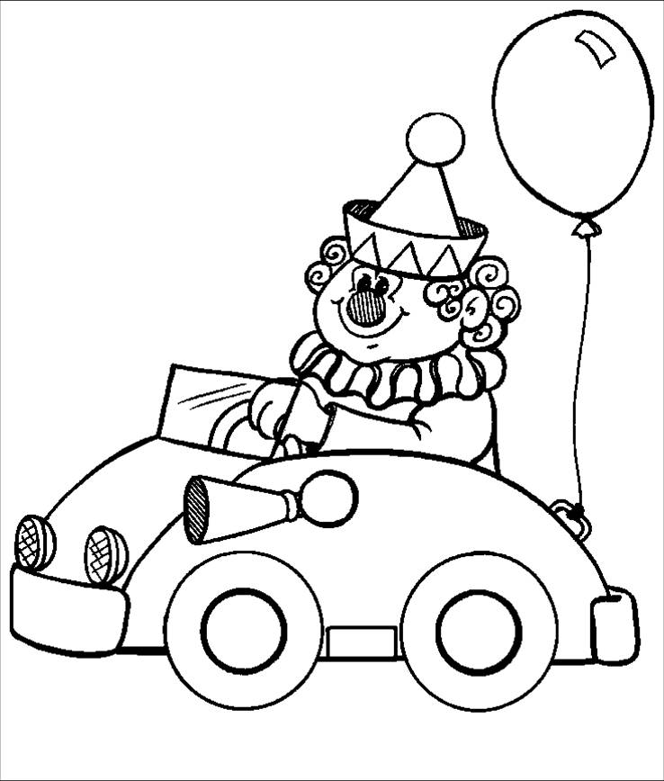 Clown su automobile da colorare per il Carnevale