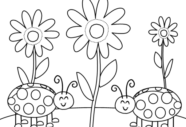 Coccinelle tra le margherite disegno da colorare per bambino e bambina