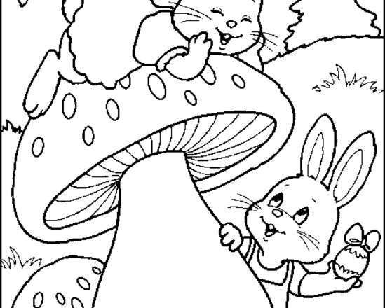 Conigli che giocano tra i funghi disegni da colorare bambini