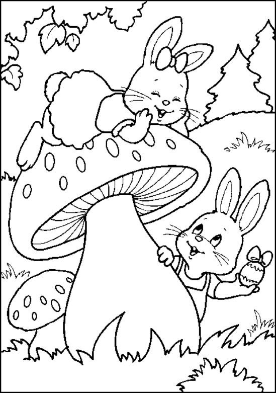 Conigli che giocano tra i funghi disegni da colorare bambini