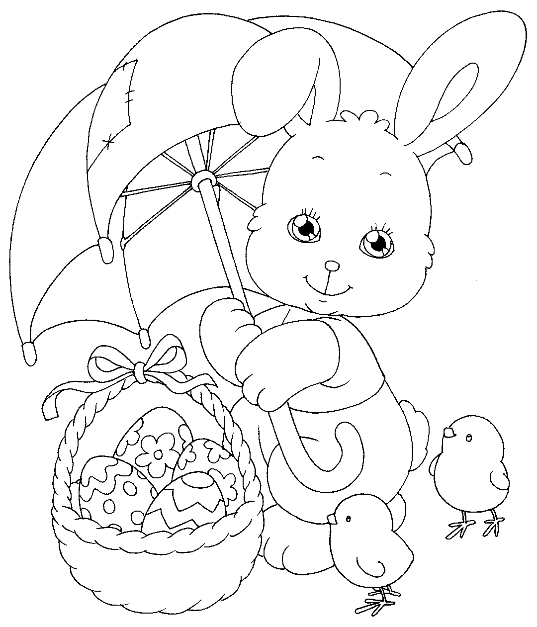 Coniglietto di Pasqua con ombrello e pulcini da colorare