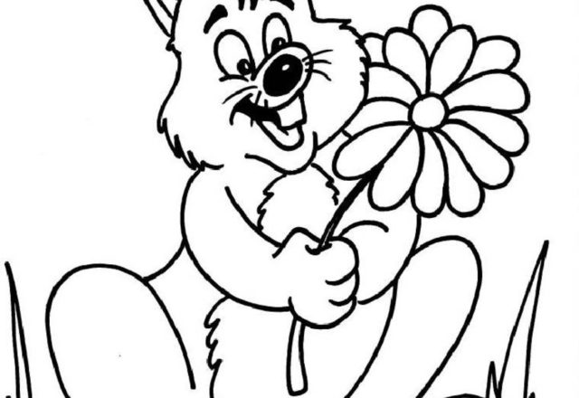 Coniglio con grande fiore disegno da colorare