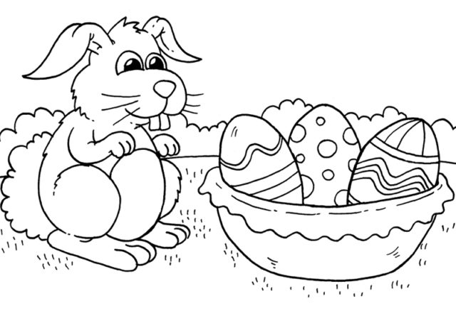 Coniglio e cesto di uova di Pasqua stampa e colora gratis