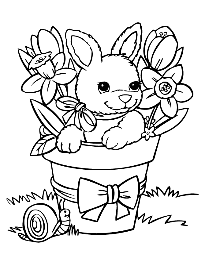 Coniglio nel vaso di fiori da colorare gratis