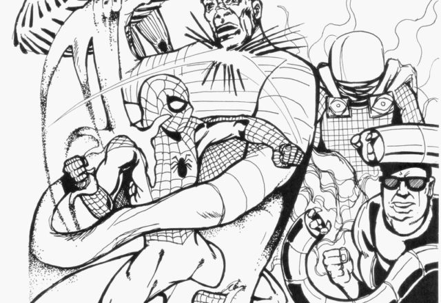 Disegno da colorare difficile con Spiderman e i suoi nemici