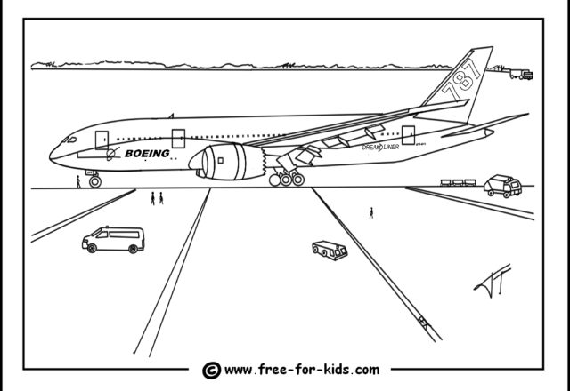 Disegno da colorare grosso Boeing su pista atterraggio aeroporto