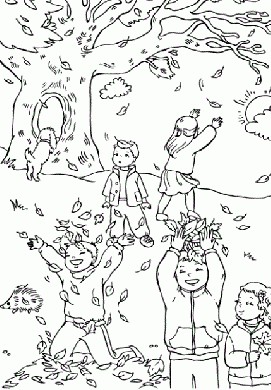 Disegno da colorare i bambini e le foglie