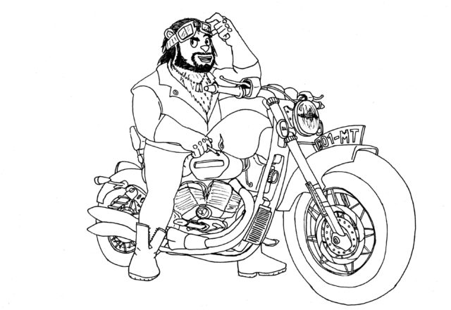 Disegno di un centauro con bandana su una moto