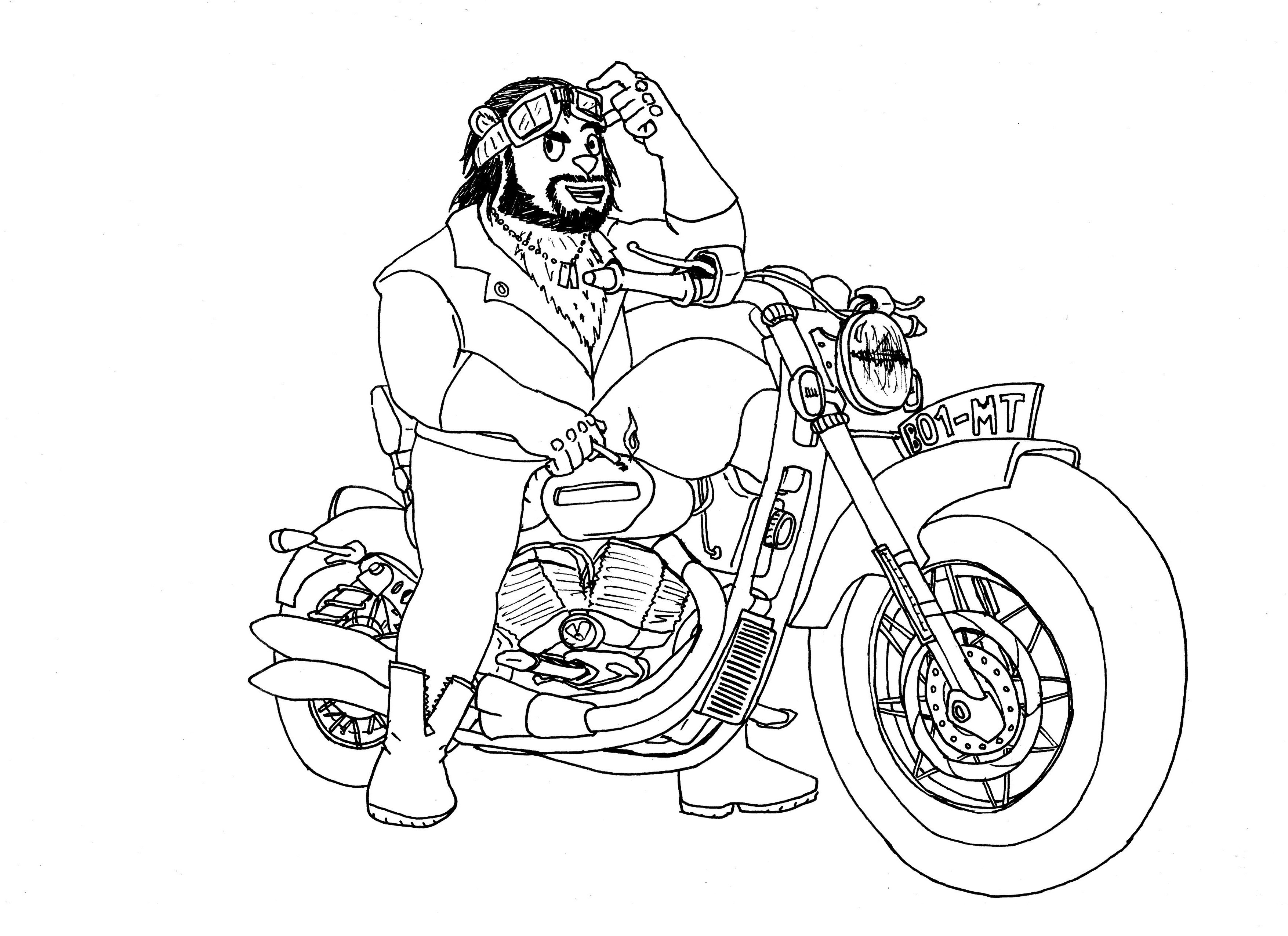 Disegno di un centauro con bandana su una moto