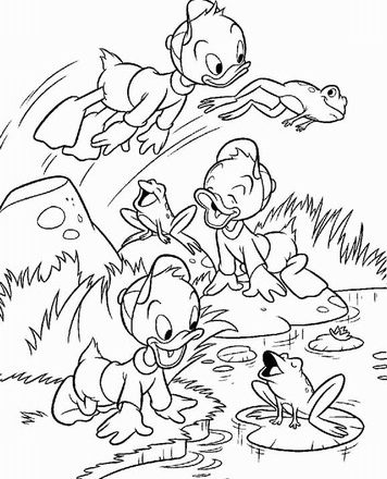 Disney Qui Quo Qua che giocano con le rane nel laghetto da colorare