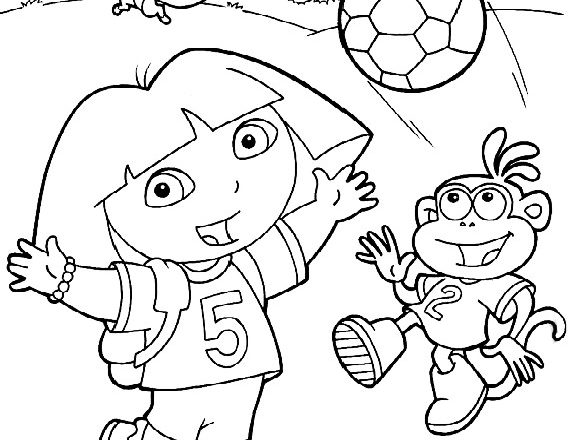 Dora e la scimmietta giocano a calcio immagine da colorare