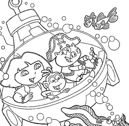 Dora l’ esploratrice nel sottomarino sotto il mare disegno da colorare