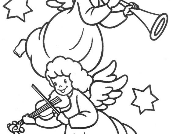 Due angeli con tromba e violino da colorare nella categoria angeli