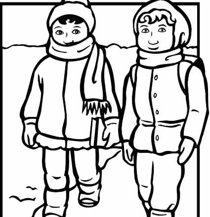 Due bambini passeggiano in inverno disegno da colorare gratuito
