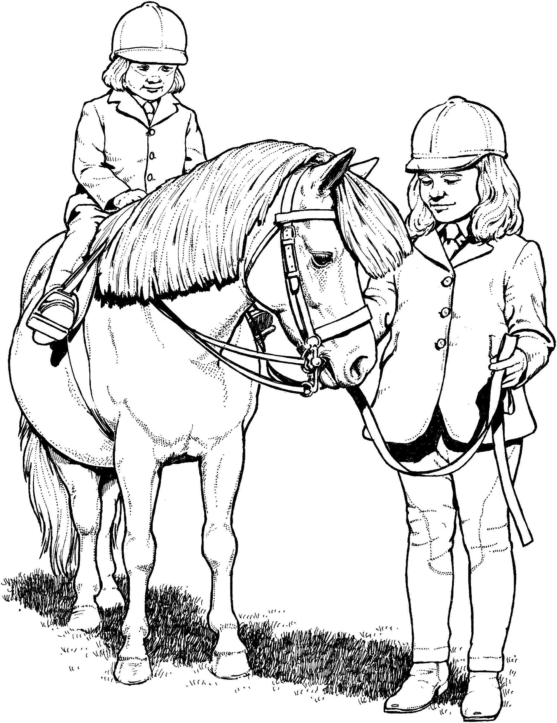 Due bimbe e il loro cavallo disegno da colorare