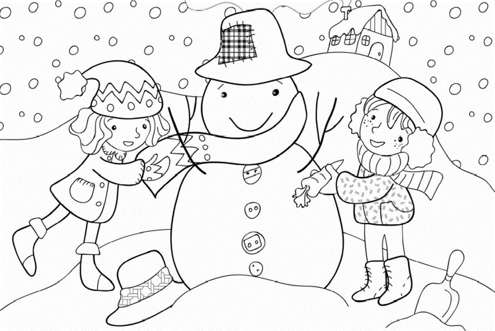 Due bimbe e un pupazzo di neve disegno da colorare inverno