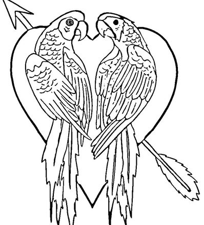 Due pappagalli su un cuore disegni da colorare