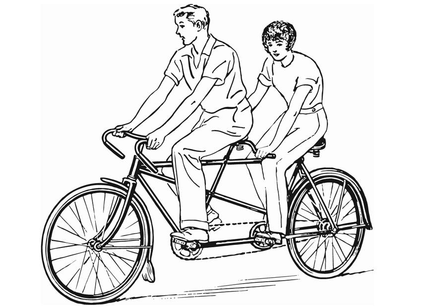 Due persone pedalano su una bicicletta tandem da colorare