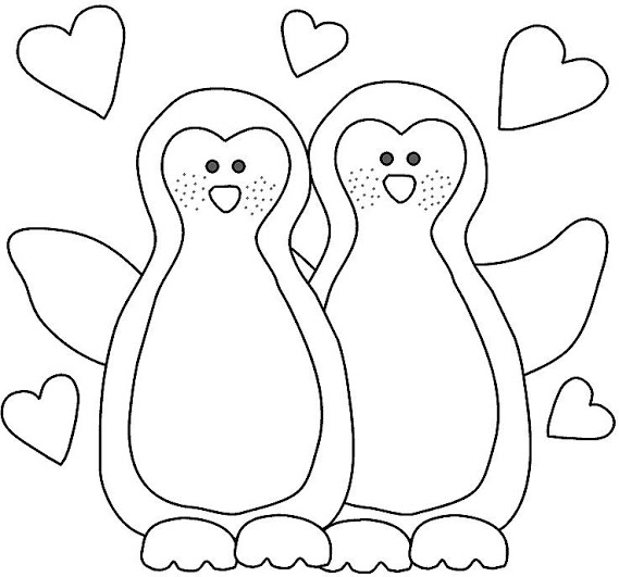 Due pinguini con i cuoricini da colorare