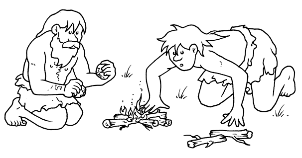 Due uomini primitivi provano ad accendere il fuoco