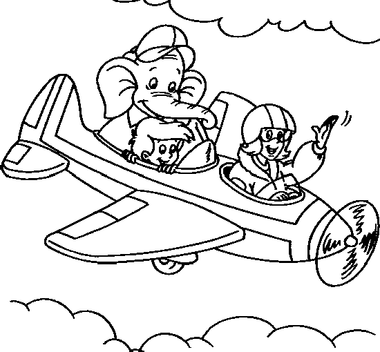Elefante su aeroplano disegno da stampare e da colorare gratis
