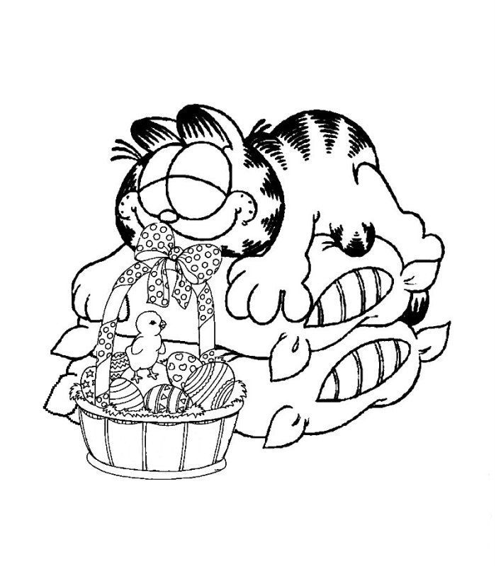 Garfield con cesto di Pasqua da stampare e colorare