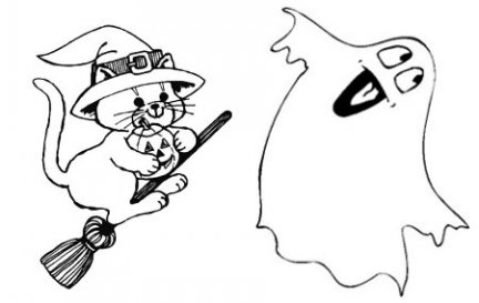 Gatto sulla scopa volante e fantasma disegno da colorare gratis