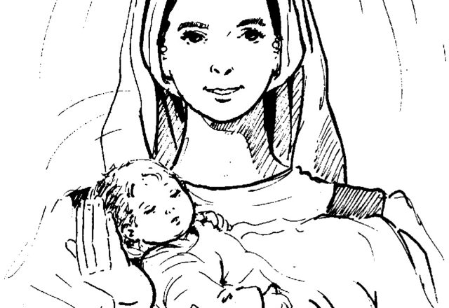 Gesù bambino tra le braccia di Maria da colorare
