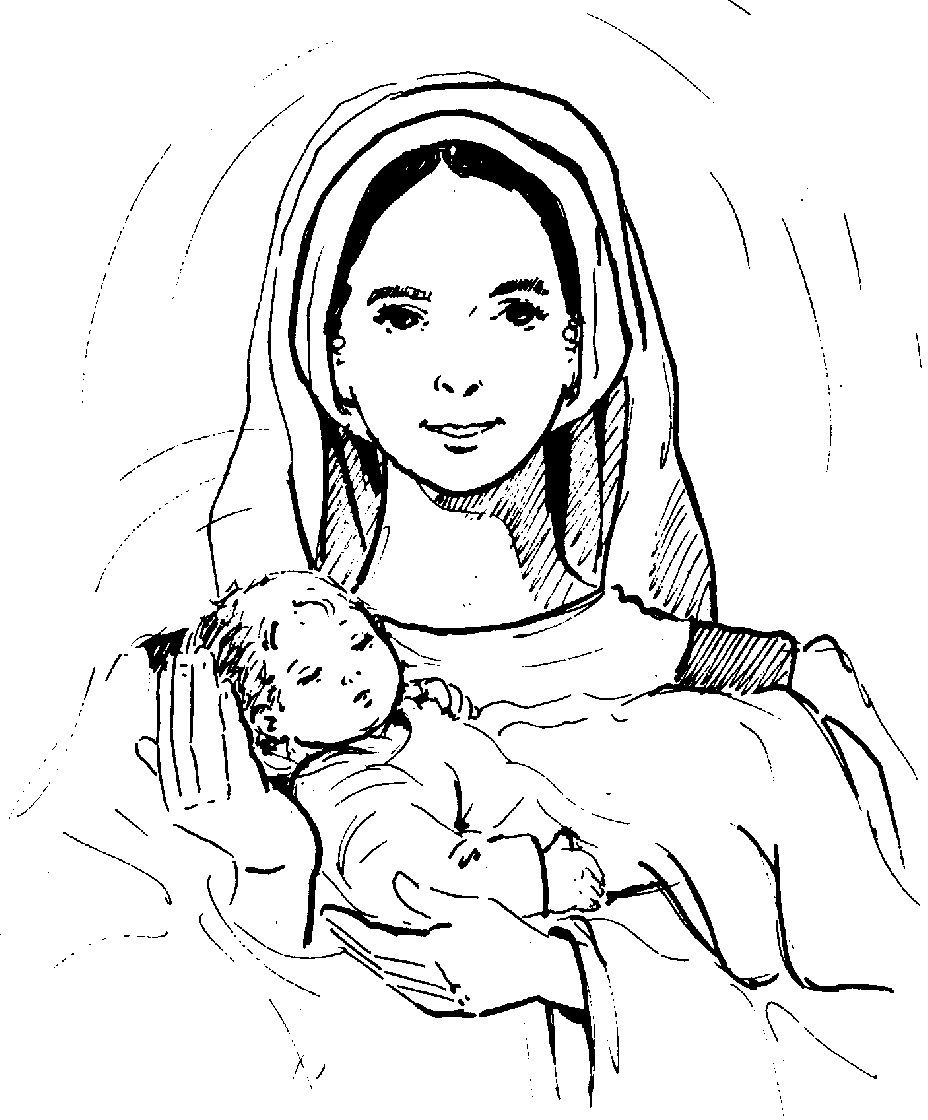 Gesù bambino tra le braccia di Maria da colorare