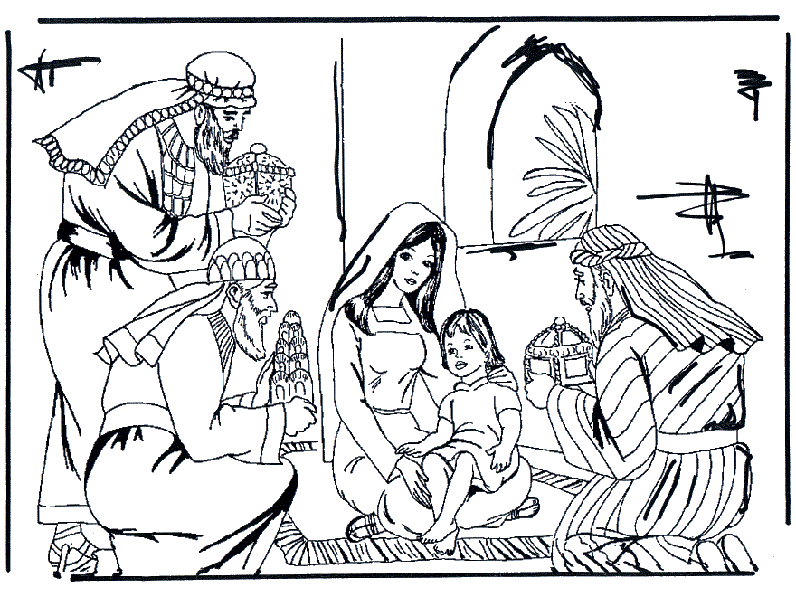 I tre Re Magi incontrano Gesù bambino da colorare