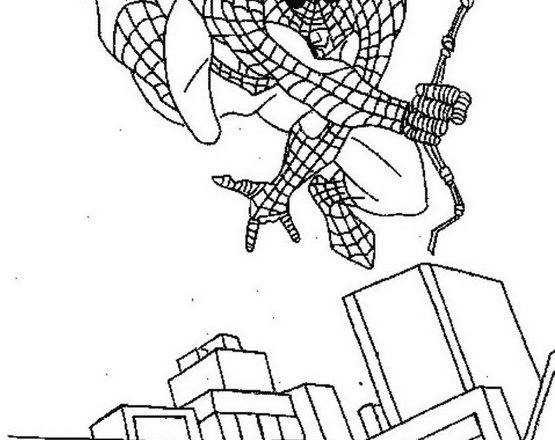 L’ Uomo Ragno che salta tra i vari grattacieli disegno da colorare